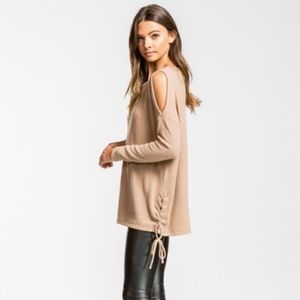 Long Sleeve Cold Drop Shoulder Top Lace Up Camel